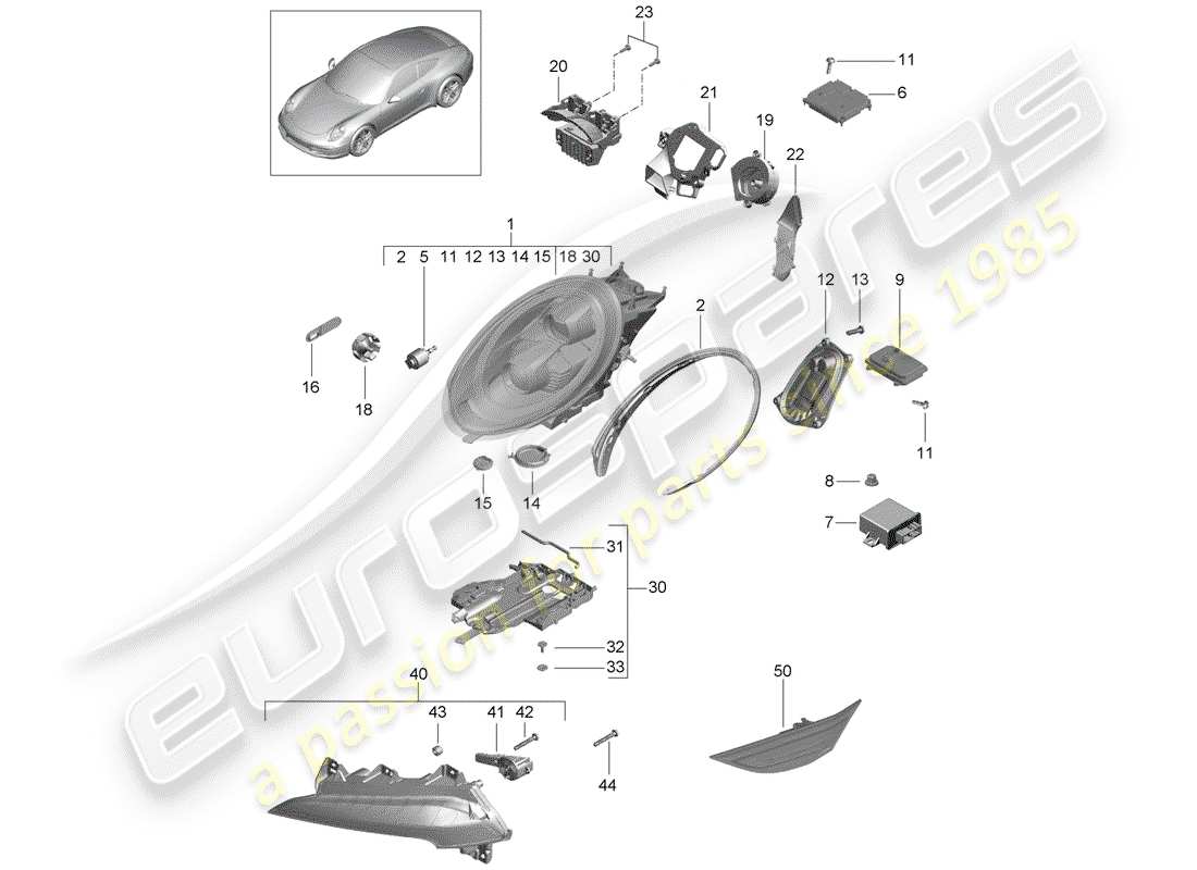Porsche 991 (2014) lámpara de cabeza Diagrama de piezas