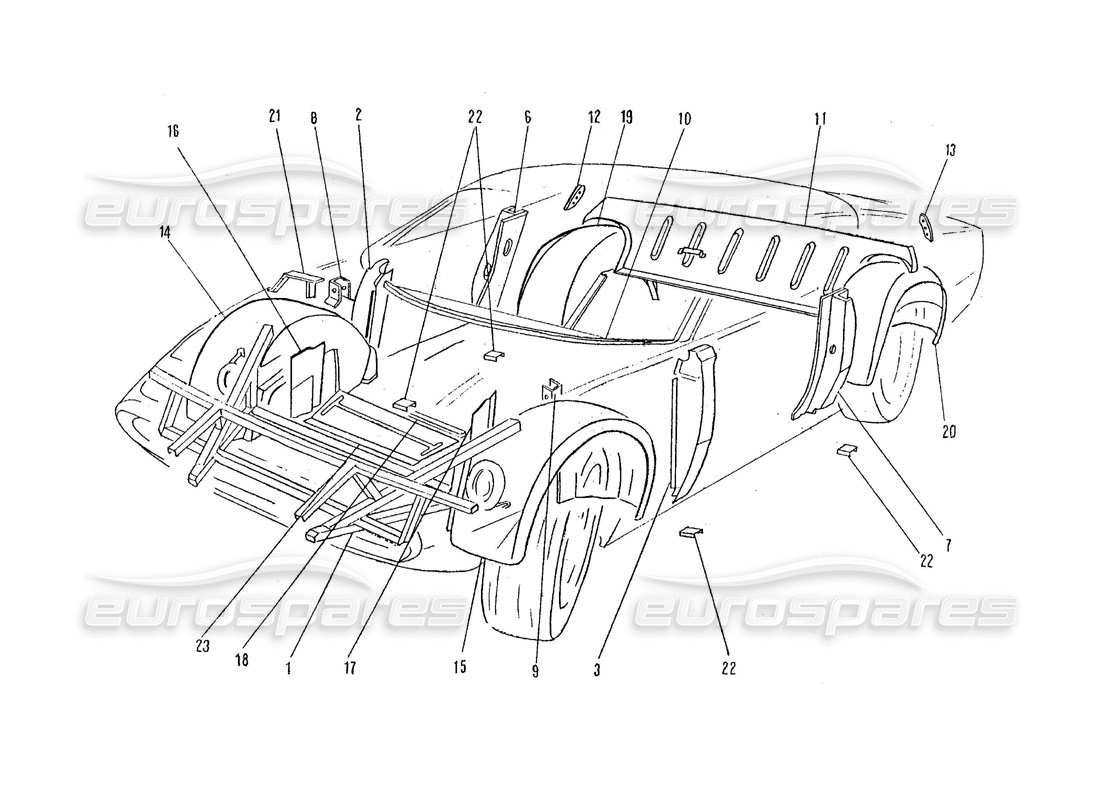 Ferrari 365 GTC4 (Trabajo de coaching) Frames, Sheilds & Inner Panels Diagrama de piezas