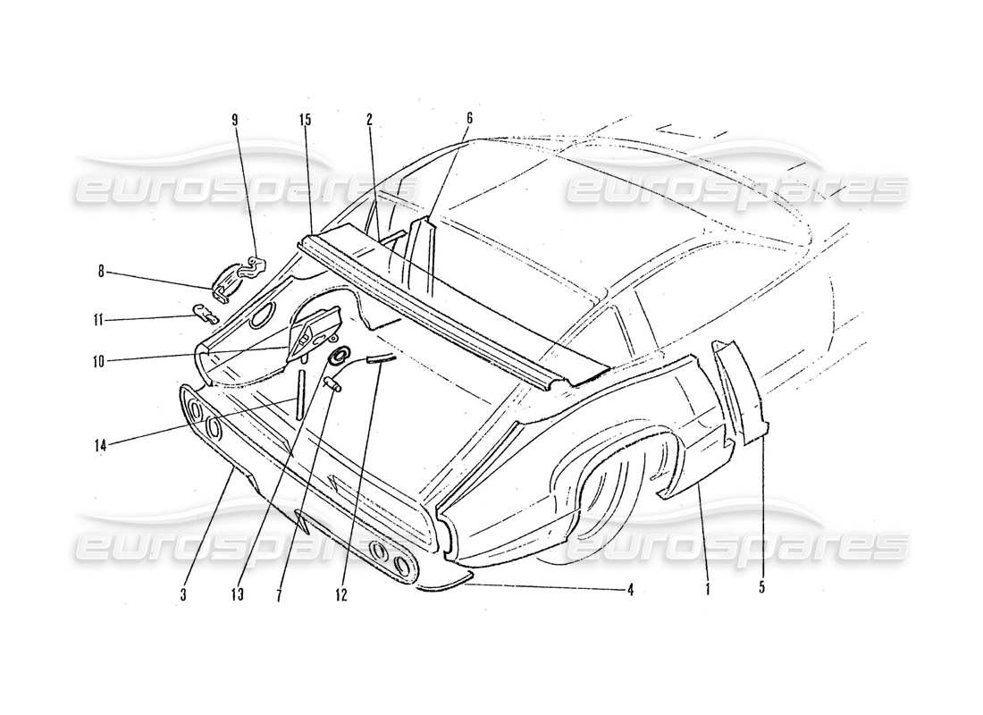 Ferrari 365 GTC4 (Trabajo de coaching) Paneles de extremo trasero Diagrama de piezas