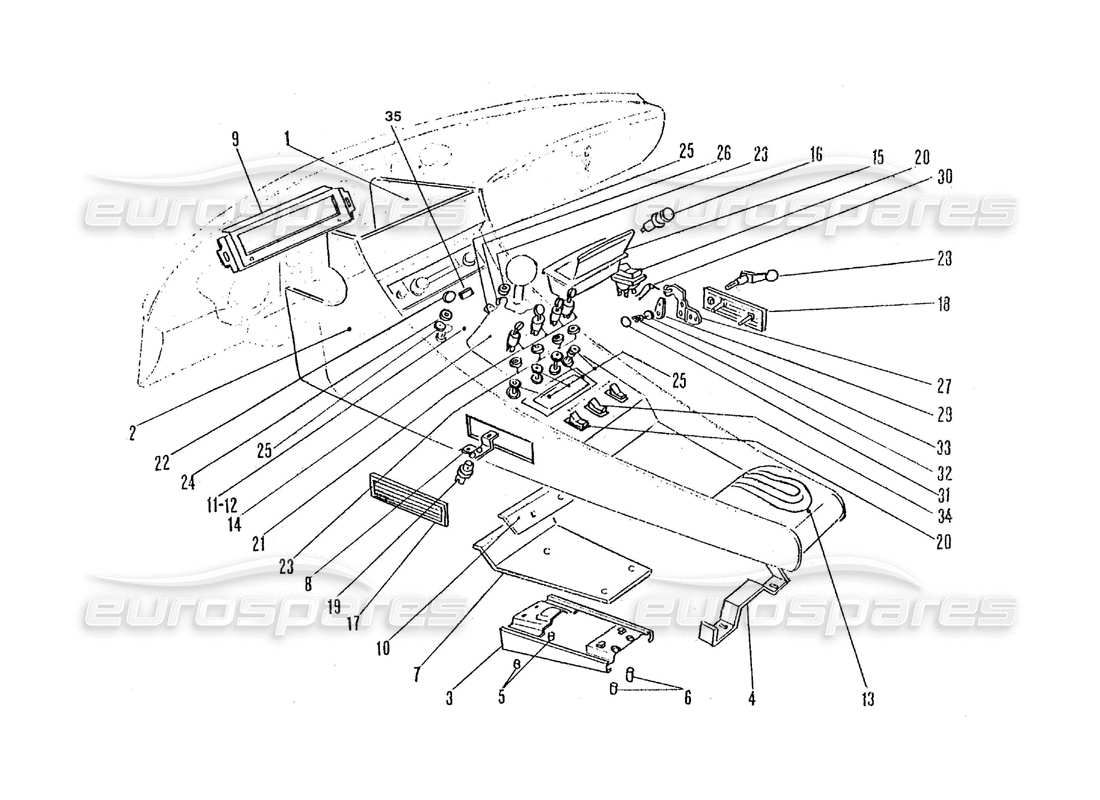 Ferrari 365 GTC4 (Trabajo de coaching) Interruptores internos de la consola central Diagrama de piezas