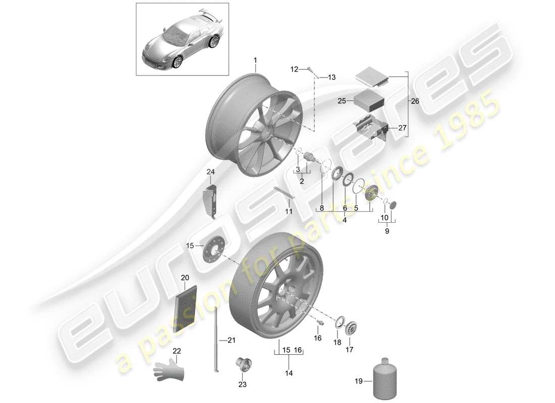 Porsche 991R/GT3/RS (2014) rueda de aleación Diagrama de piezas