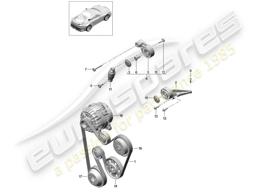 Porsche 991R/GT3/RS (2016) cinturón acanalado en v Diagrama de piezas