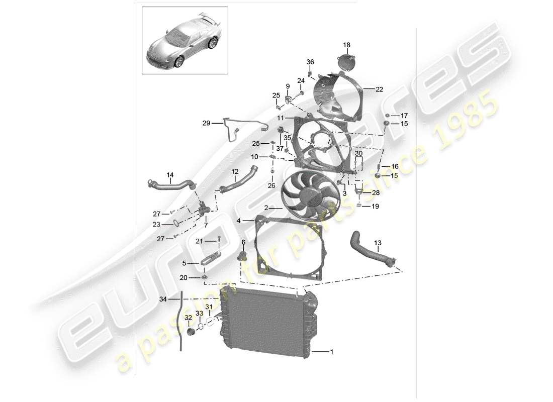 Porsche 991R/GT3/RS (2016) water cooling Diagrama de piezas
