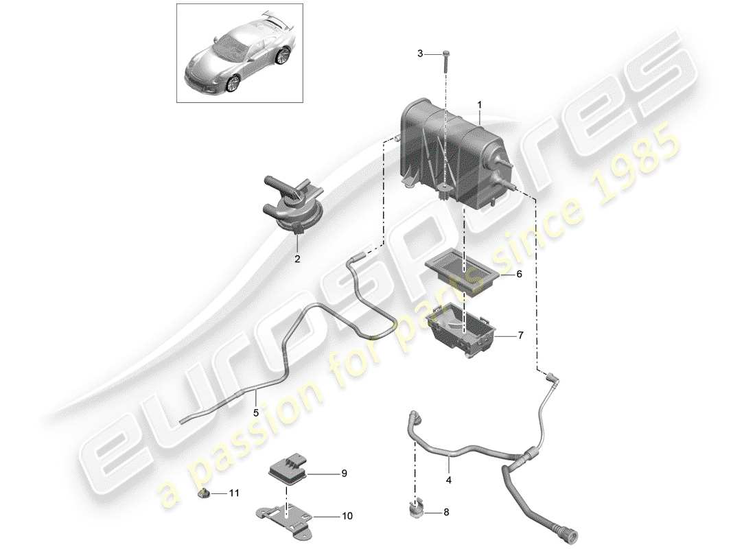 Porsche 991R/GT3/RS (2016) BOTE DE EMISIONES EVAPORATIVAS Diagrama de piezas
