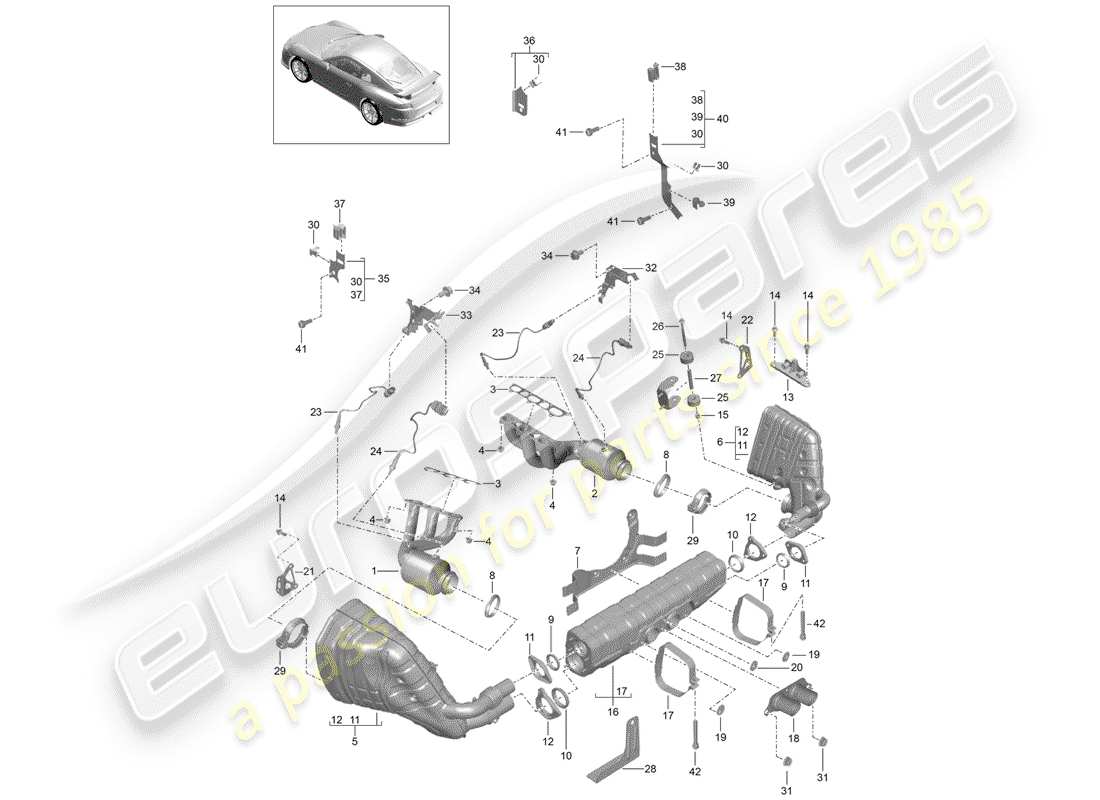 Porsche 991R/GT3/RS (2016) Sistema de escape Diagrama de piezas