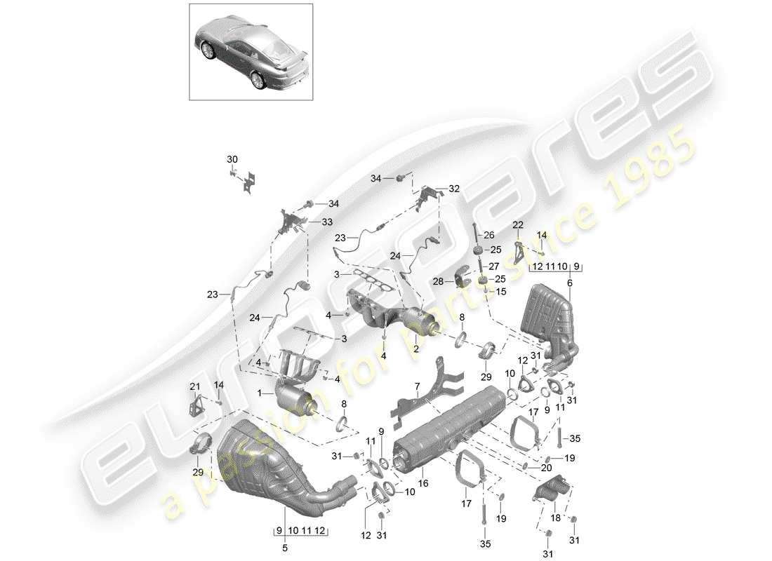 Porsche 991R/GT3/RS (2016) Sistema de escape Diagrama de piezas