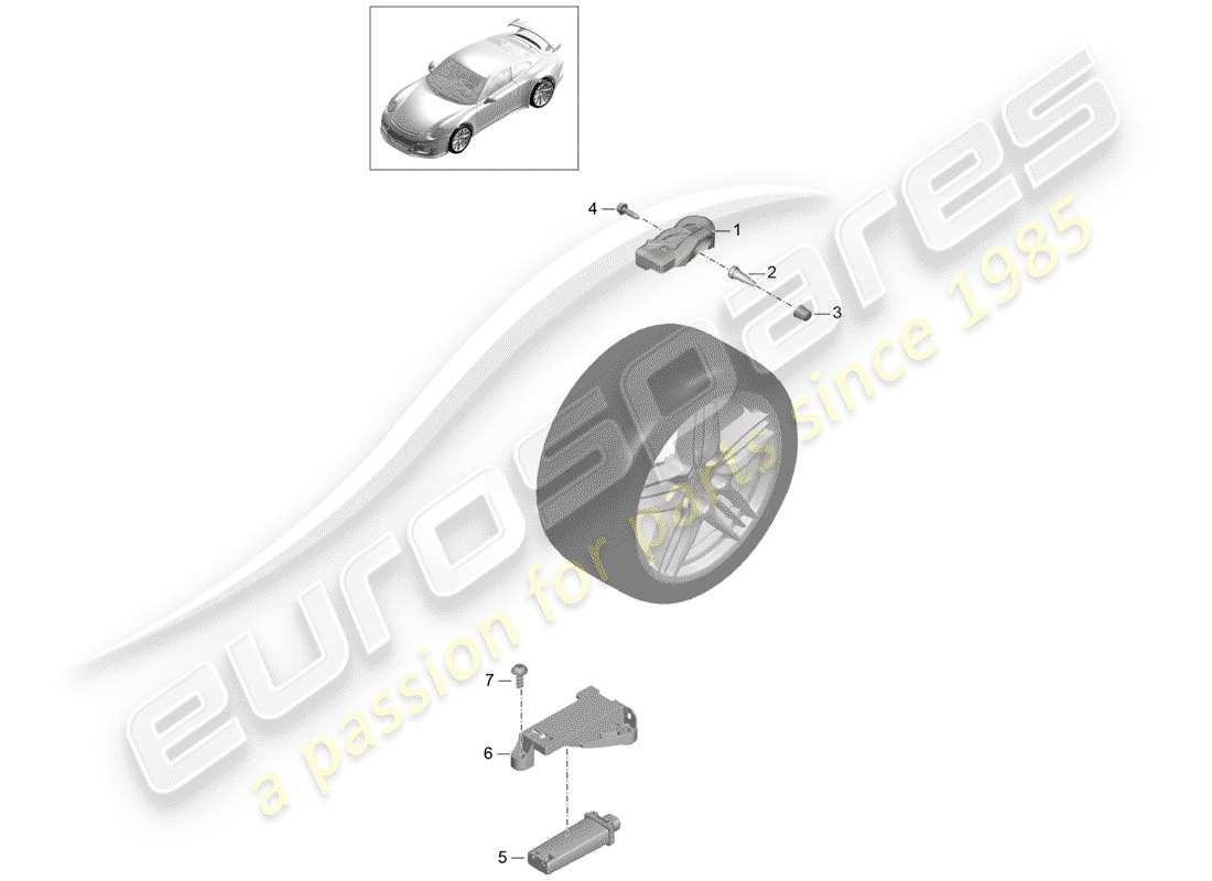 Porsche 991R/GT3/RS (2016) sistema de control de presión de neumáticos Diagrama de piezas