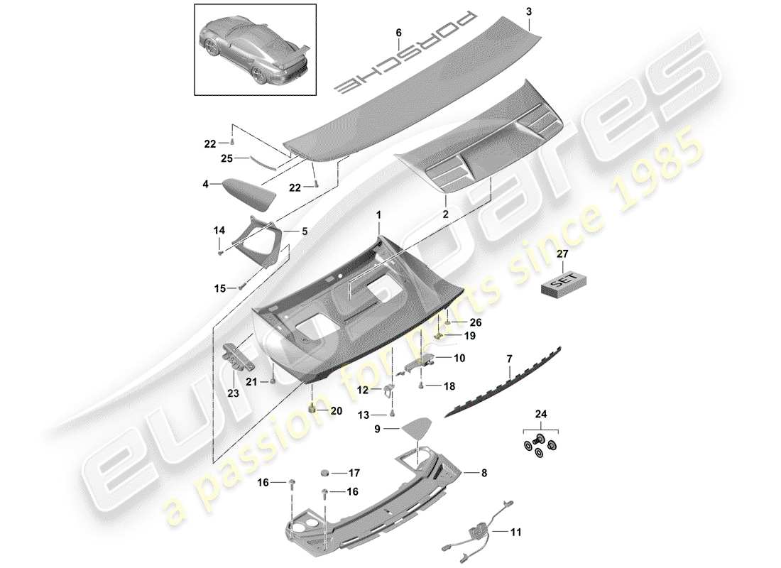 Porsche 991R/GT3/RS (2016) TAPA DEL MALETERO TRASERO Diagrama de piezas