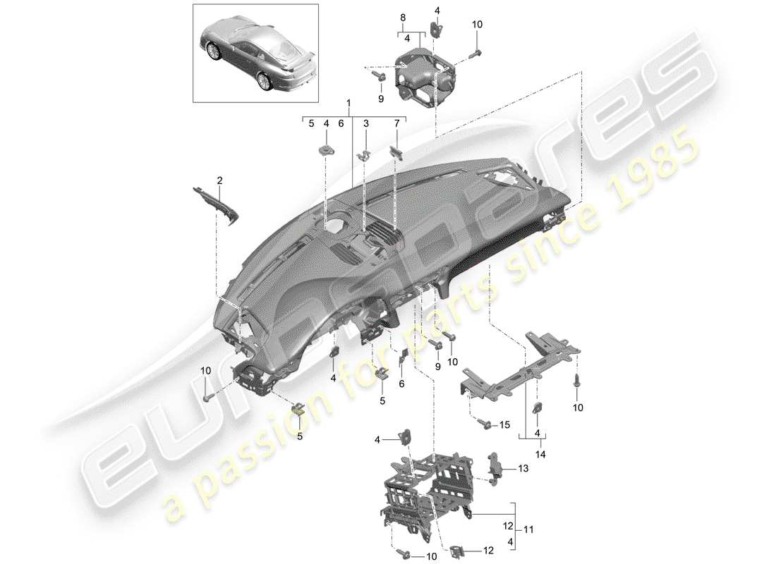 Porsche 991R/GT3/RS (2016) moldura del panel de instrumentos Diagrama de piezas