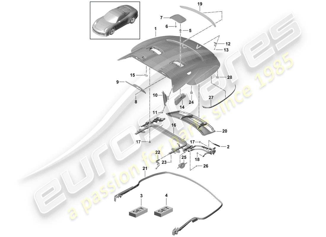Porsche 991R/GT3/RS (2016) TAPA PARA COFRE DE ALMACENAJE SUPERIOR Diagrama de piezas