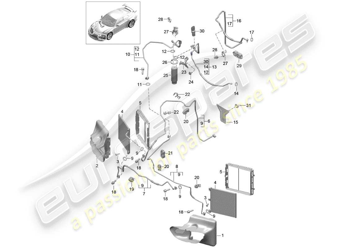Porsche 991R/GT3/RS (2016) CIRCUITO REFRIGERANTE Diagrama de piezas