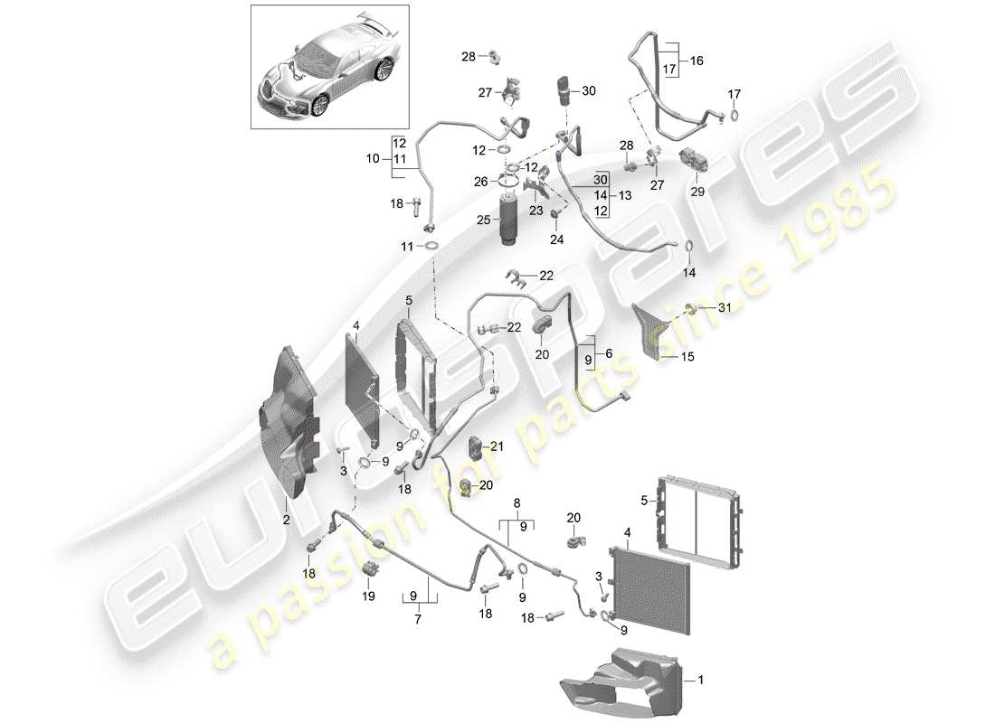 Porsche 991R/GT3/RS (2016) CIRCUITO REFRIGERANTE Diagrama de piezas