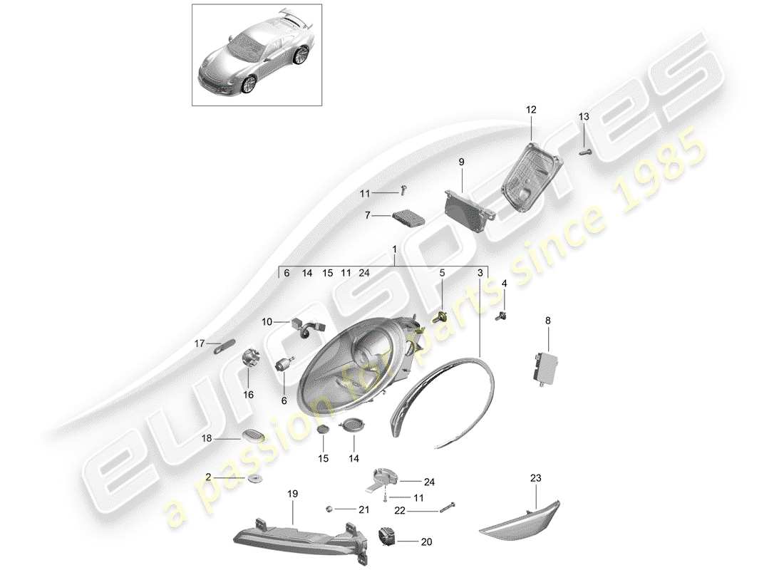 Porsche 991R/GT3/RS (2016) lámpara de cabeza Diagrama de piezas