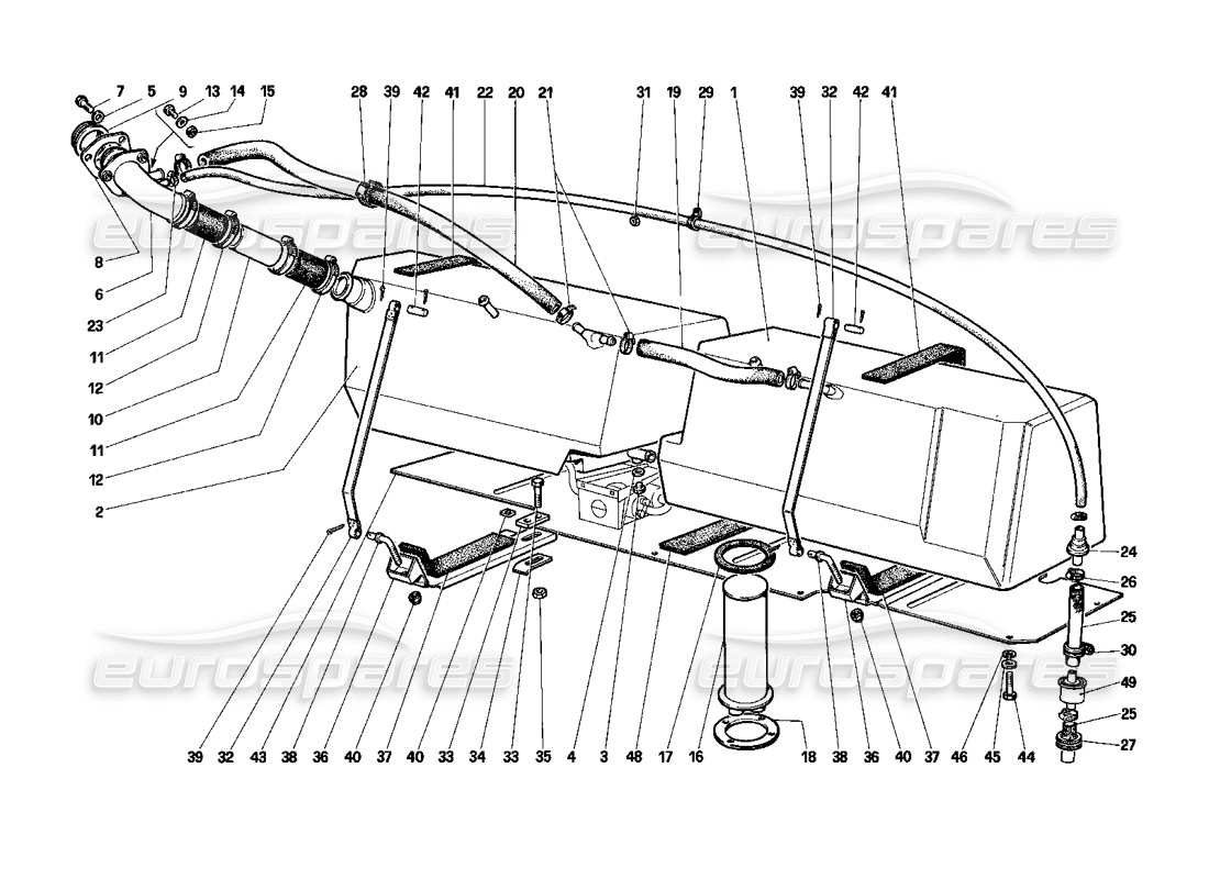 Ferrari Testarossa (1987) Diagrama de piezas de los tanques de combustible (no para EE. UU. y Sudáfrica)