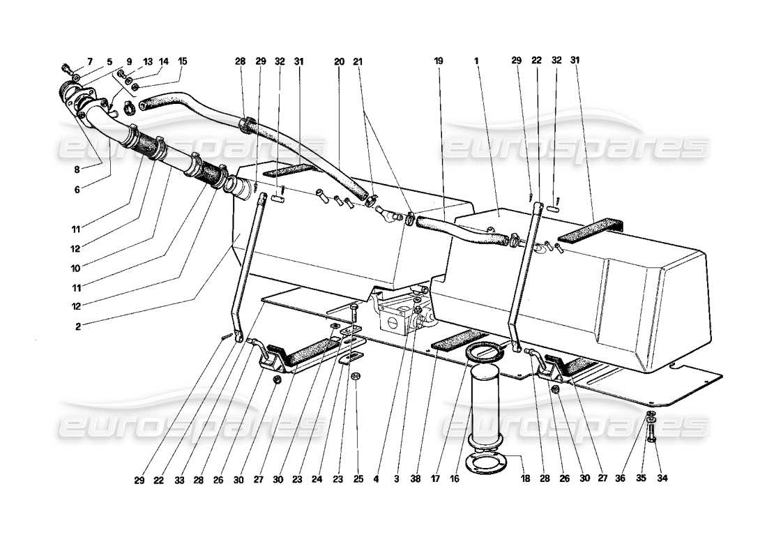 Ferrari Testarossa (1987) Diagrama de piezas de los tanques de combustible (para EE. UU. y Sudáfrica)