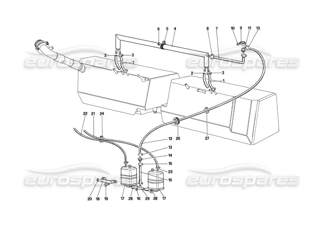 Ferrari Testarossa (1987) Diagrama de piezas del sistema de control de emisiones antievaporativa (para EE. UU. y Sudáfrica)