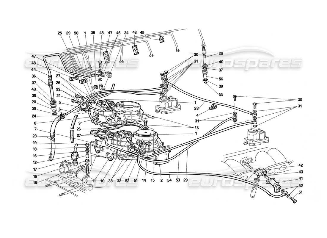 Ferrari Testarossa (1987) Diagrama de piezas de las líneas de distribución de combustible (sistema K-Jetronic)