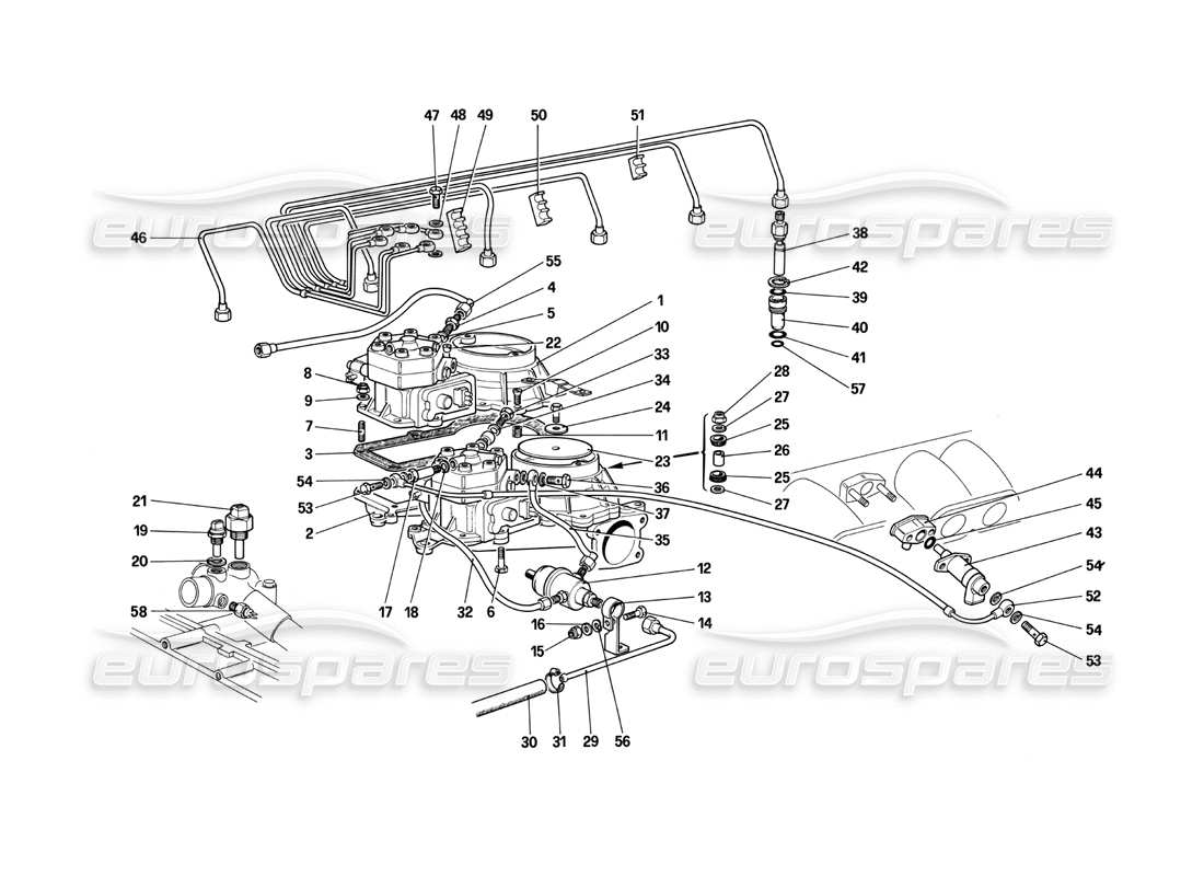 Ferrari Testarossa (1987) Diagrama de piezas de las líneas de distribución de combustible (sistema Ke-Jetronic)
