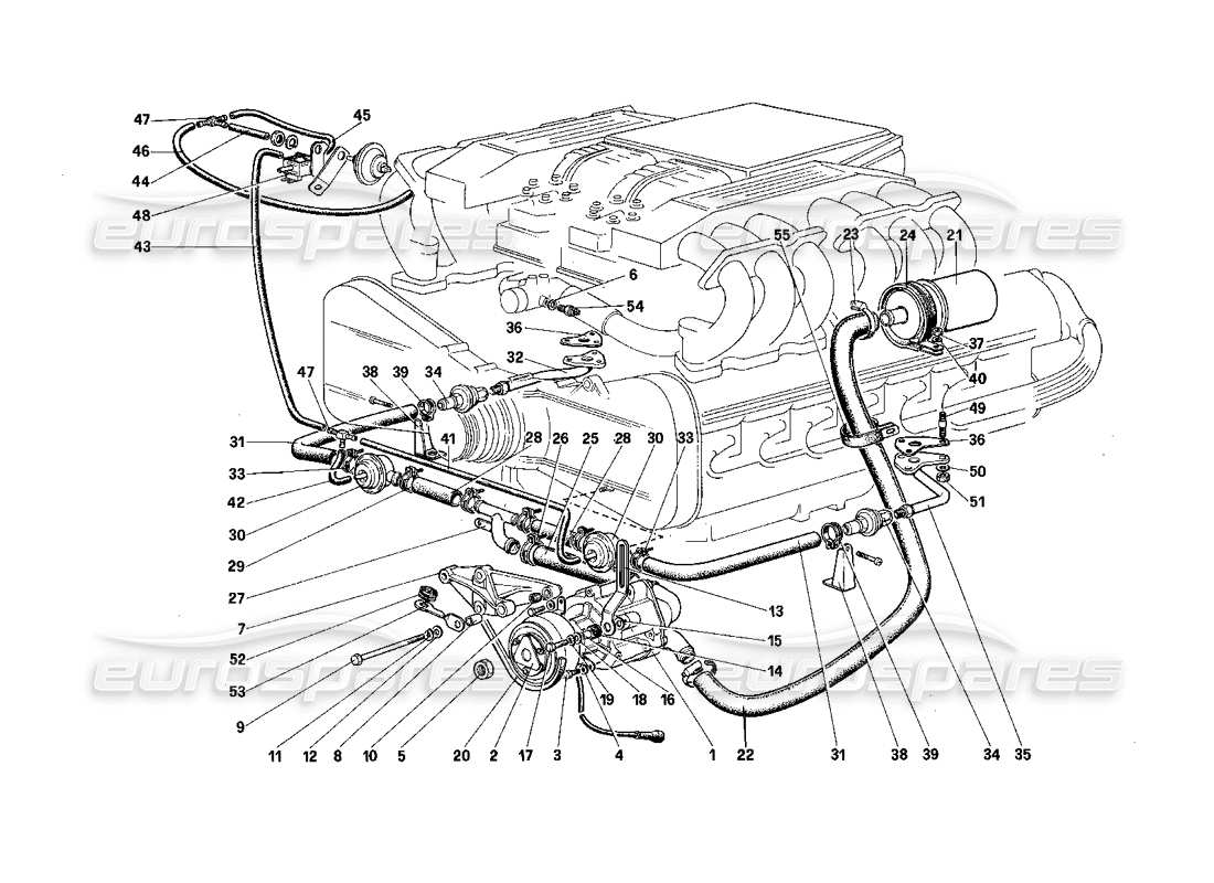 Ferrari Testarossa (1987) Diagrama de piezas de la bomba de aire secundaria y las líneas (para la versión de EE. UU.)