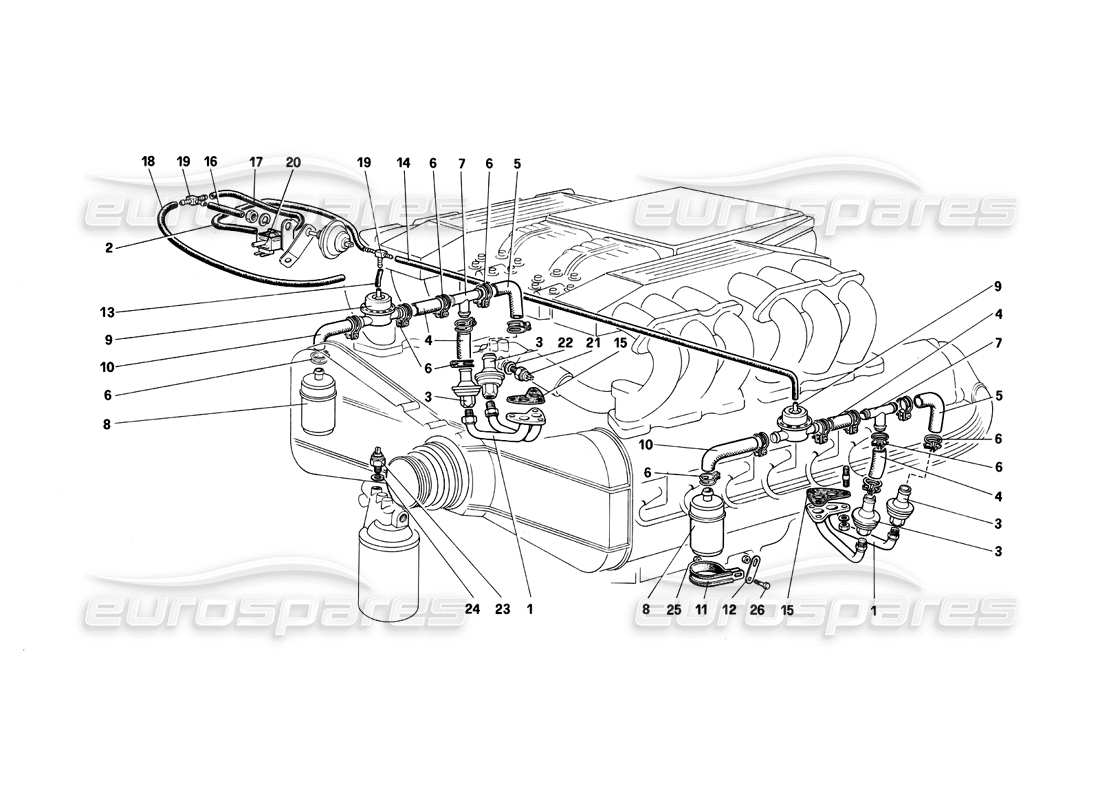 Ferrari Testarossa (1987) Diagrama de piezas de inyección de aire y líneas (para CH y SA)