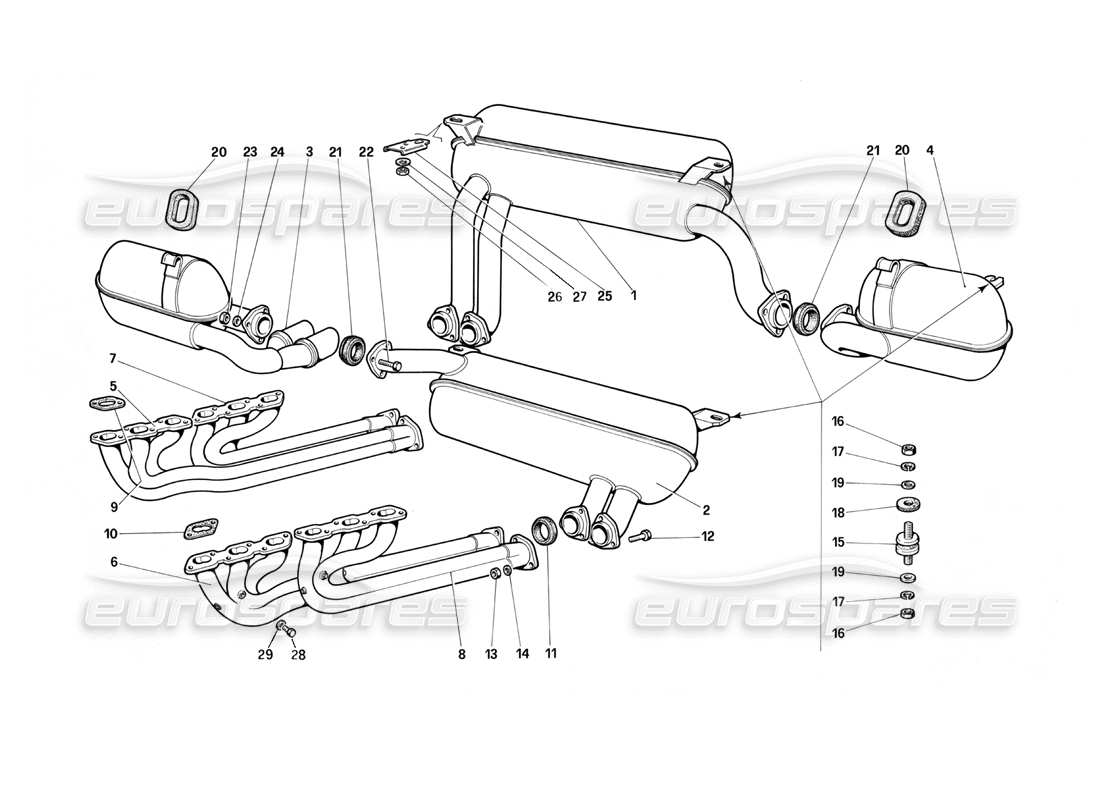 Ferrari Testarossa (1987) Diagrama de piezas del sistema de escape (no para EE. UU., SA y CH87)