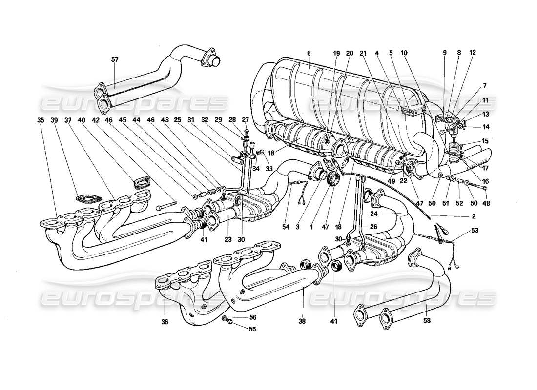 Ferrari Testarossa (1987) Diagrama de piezas del sistema de escape (para EE. UU., Sudáfrica y CH87)
