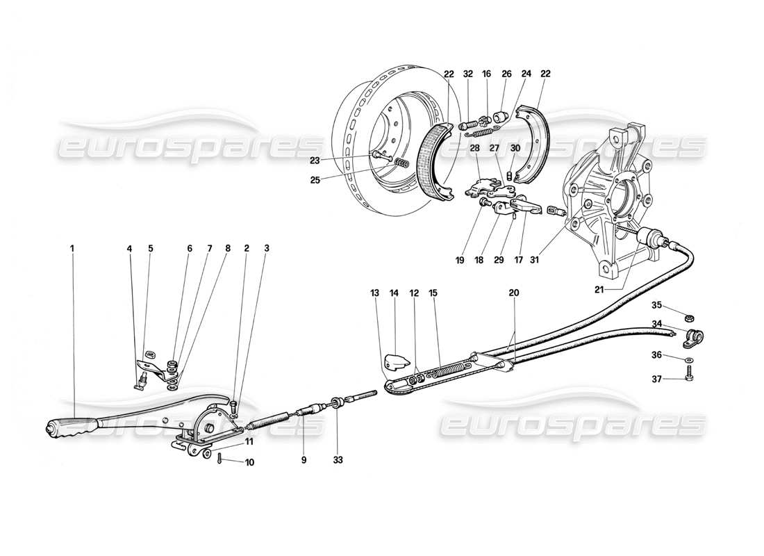 Ferrari Testarossa (1987) Control de freno manual Diagrama de piezas