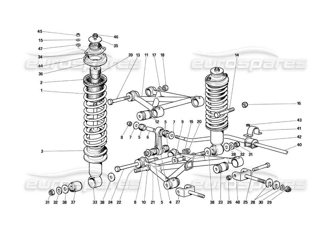 Ferrari Testarossa (1987) Suspensión trasera: horquillas y amortiguadores Diagrama de piezas