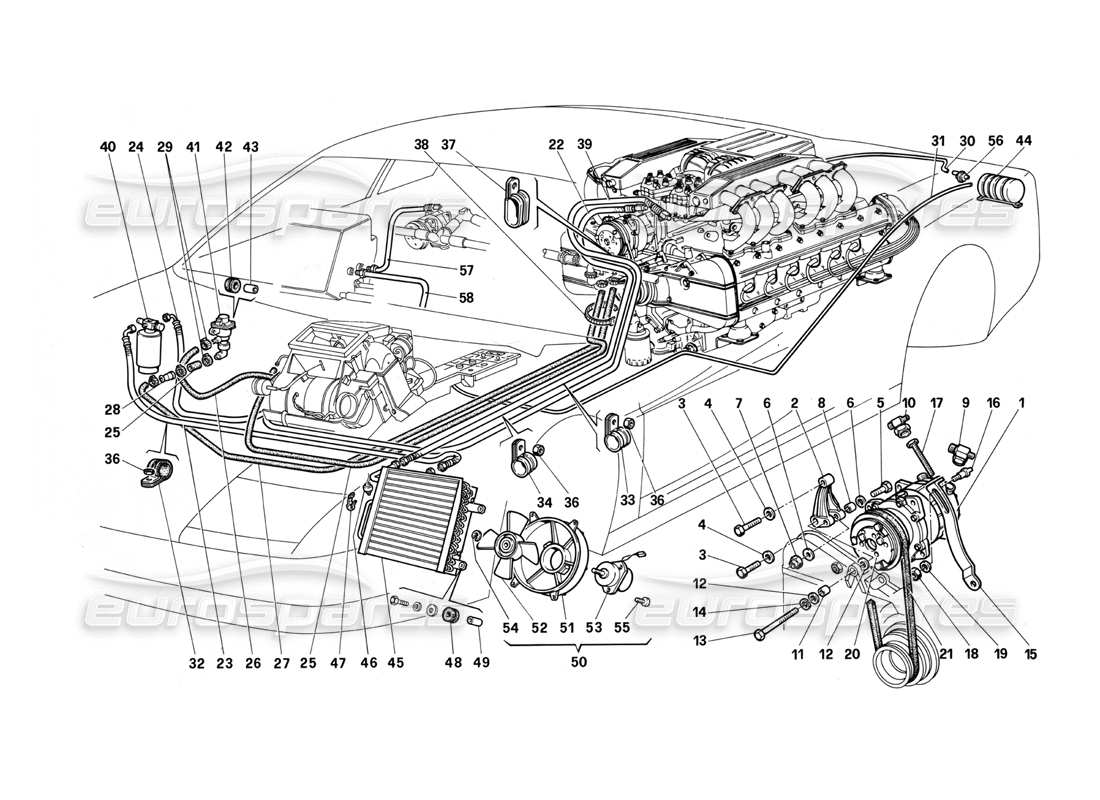 Ferrari Testarossa (1987) Sistema de aire acondicionado Diagrama de piezas
