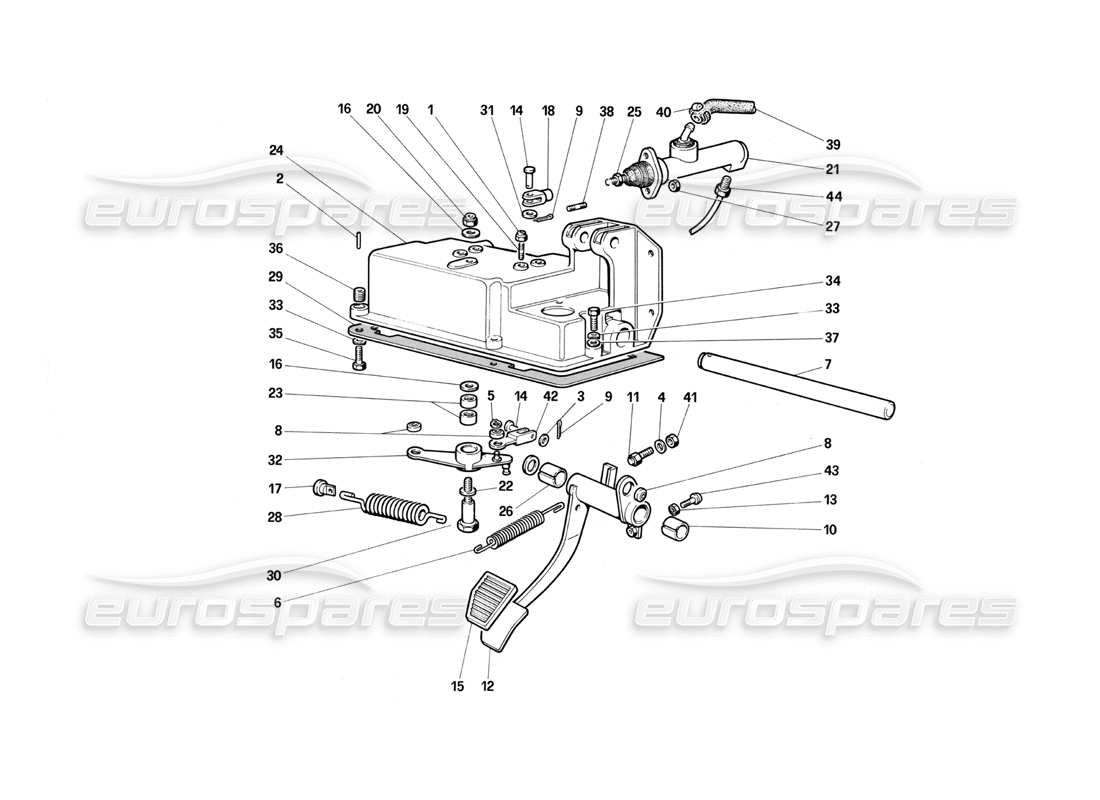 Ferrari Testarossa (1987) control de liberación del embrague (Variantes para versiones con volante a la derecha) Diagrama de piezas