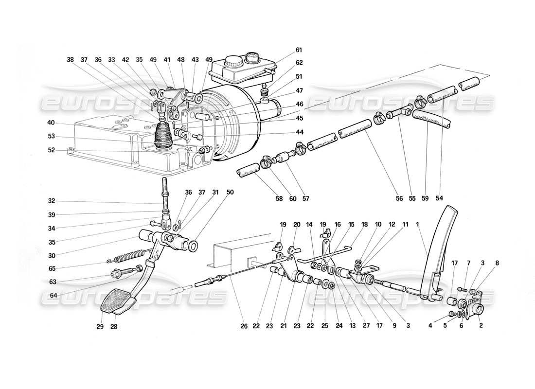 Ferrari Testarossa (1987) Sistema hidráulico de frenos - Diagrama de piezas del control del acelerador (variantes para versiones con volante a la derecha)