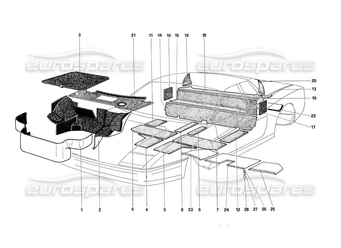 Ferrari Testarossa (1987) Alfombra del maletero y paneles aislantes Diagrama de piezas