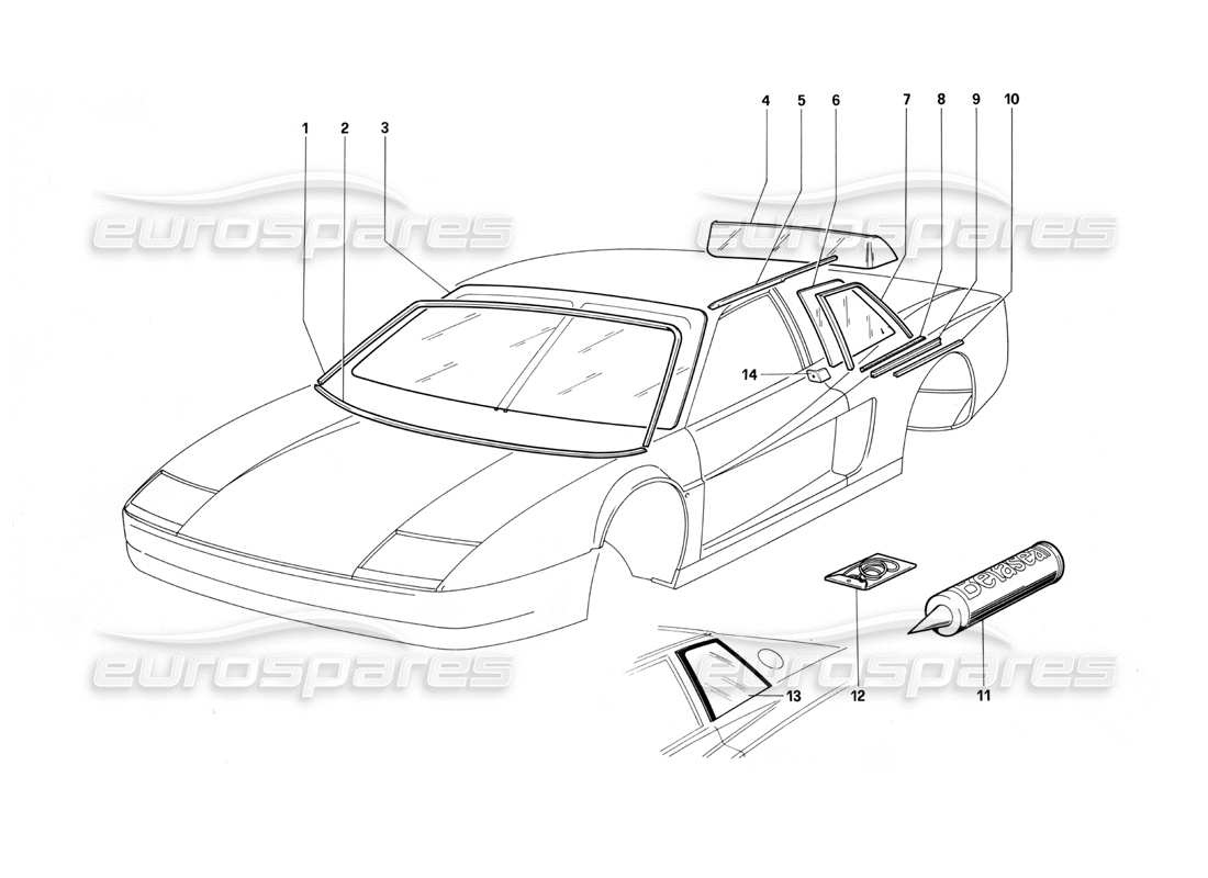 Ferrari Testarossa (1987) ventanas Diagrama de piezas