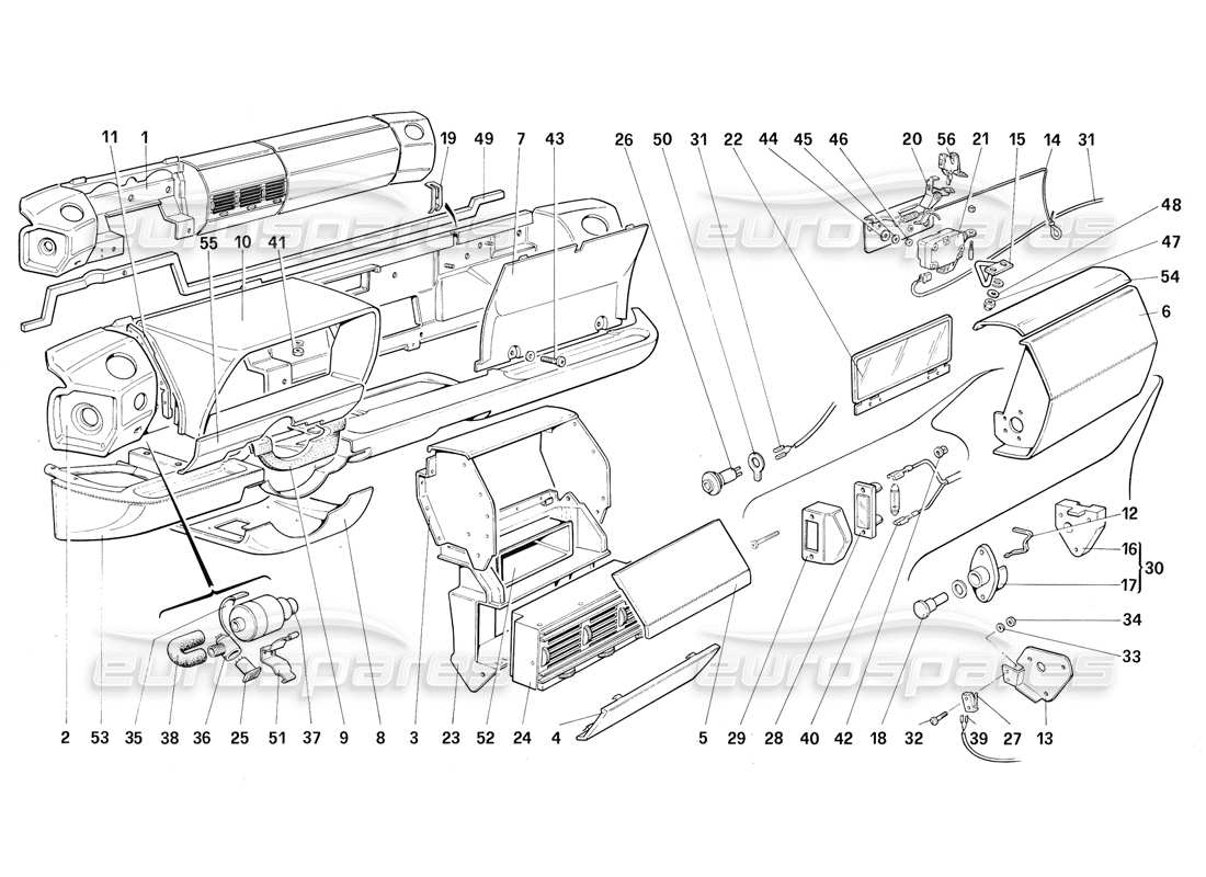 Ferrari Testarossa (1987) Panel de control (para la versión estadounidense MY 1987) Diagrama de piezas