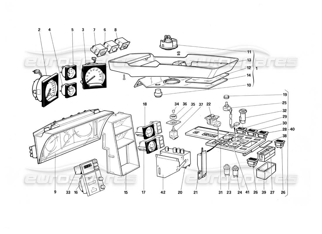 Ferrari Testarossa (1987) Diagrama de piezas de instrumentos y accesorios del compartimiento de pasajeros (no para la versión estadounidense MY 1987)