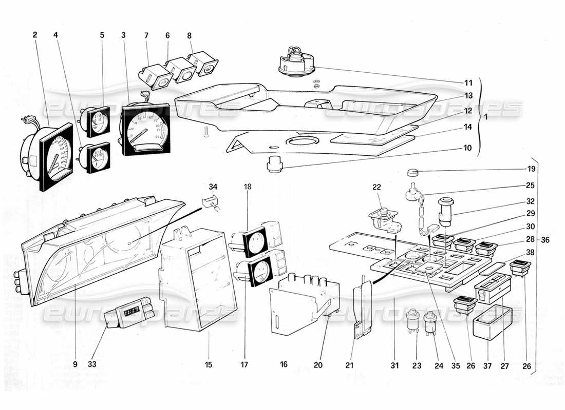 Ferrari Testarossa (1987) Diagrama de piezas de instrumentos y accesorios del compartimento de pasajeros (para la versión EE. UU. MY 1987)