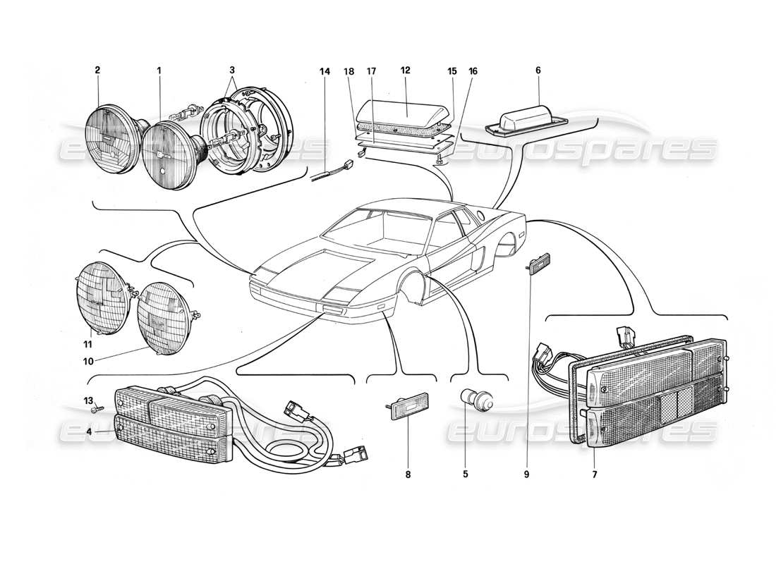 Ferrari Testarossa (1987) Lámparas Diagrama de piezas