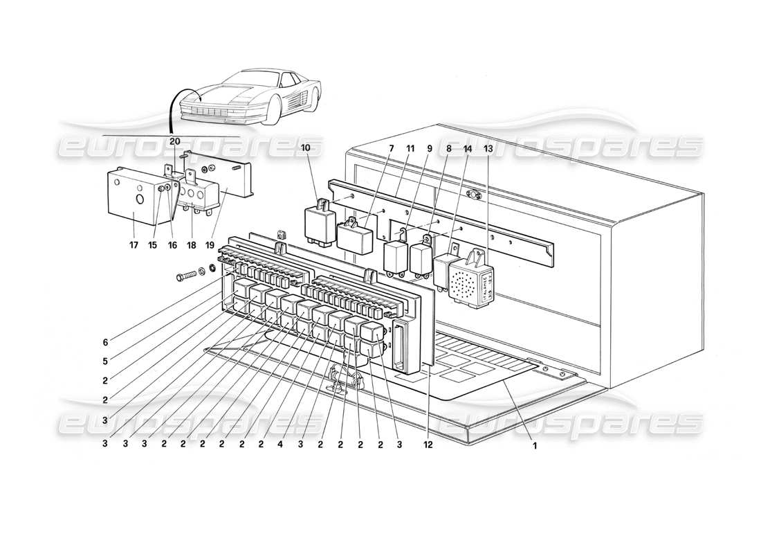 Ferrari Testarossa (1987) Válvulas e interruptores electromagnéticos Diagrama de piezas