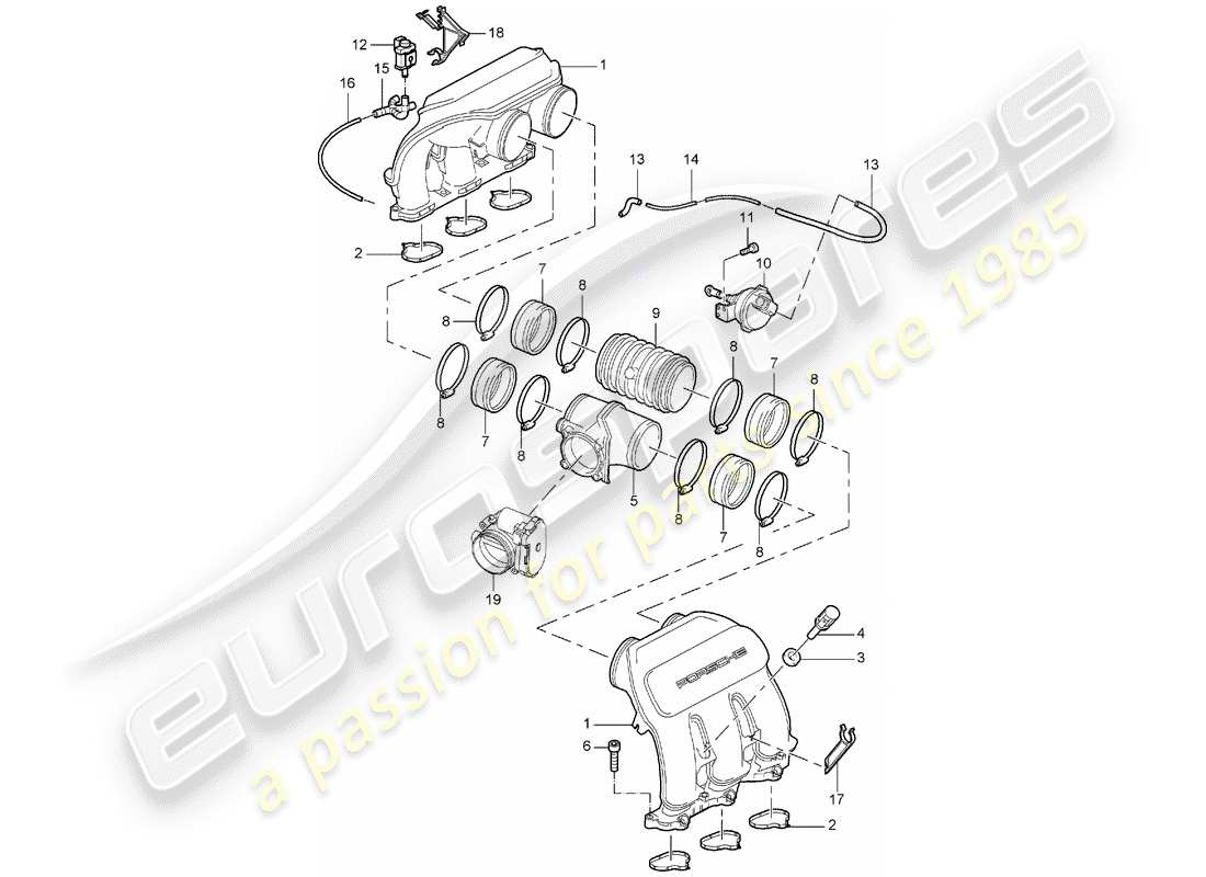 Porsche 997 (2008) distribuidor de aire de admisión Diagrama de piezas