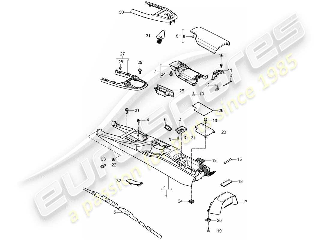 Porsche 997 (2008) CENTER CONSOLE Diagrama de piezas