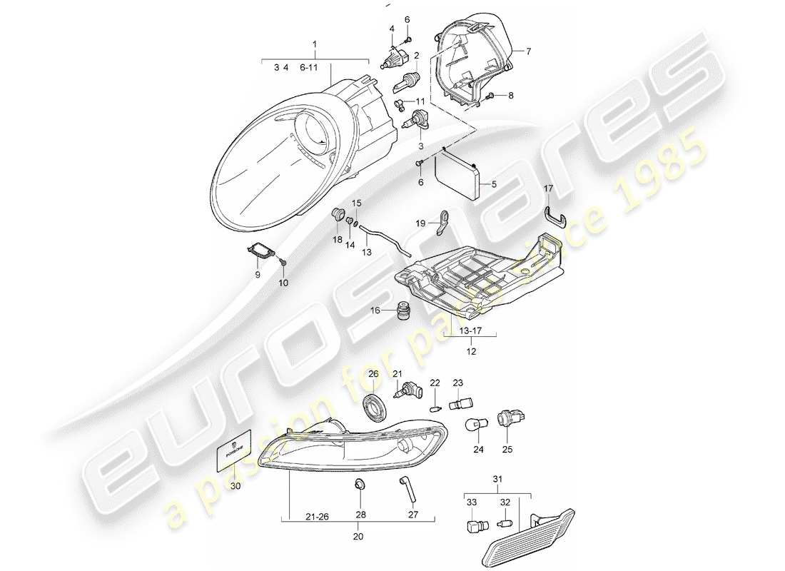Porsche 997 (2008) lámpara de cabeza Diagrama de piezas