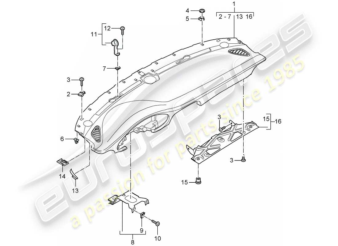 Porsche 997 Gen. 2 (2011) moldura del panel de instrumentos Diagrama de piezas