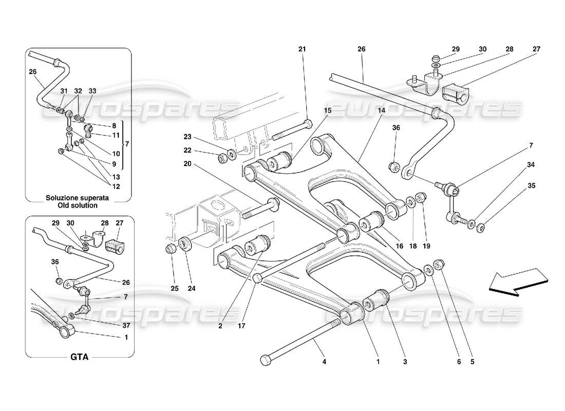 Ferrari 456 GT/GTA Suspensión trasera: horquillas y barra estabilizadora Diagrama de piezas