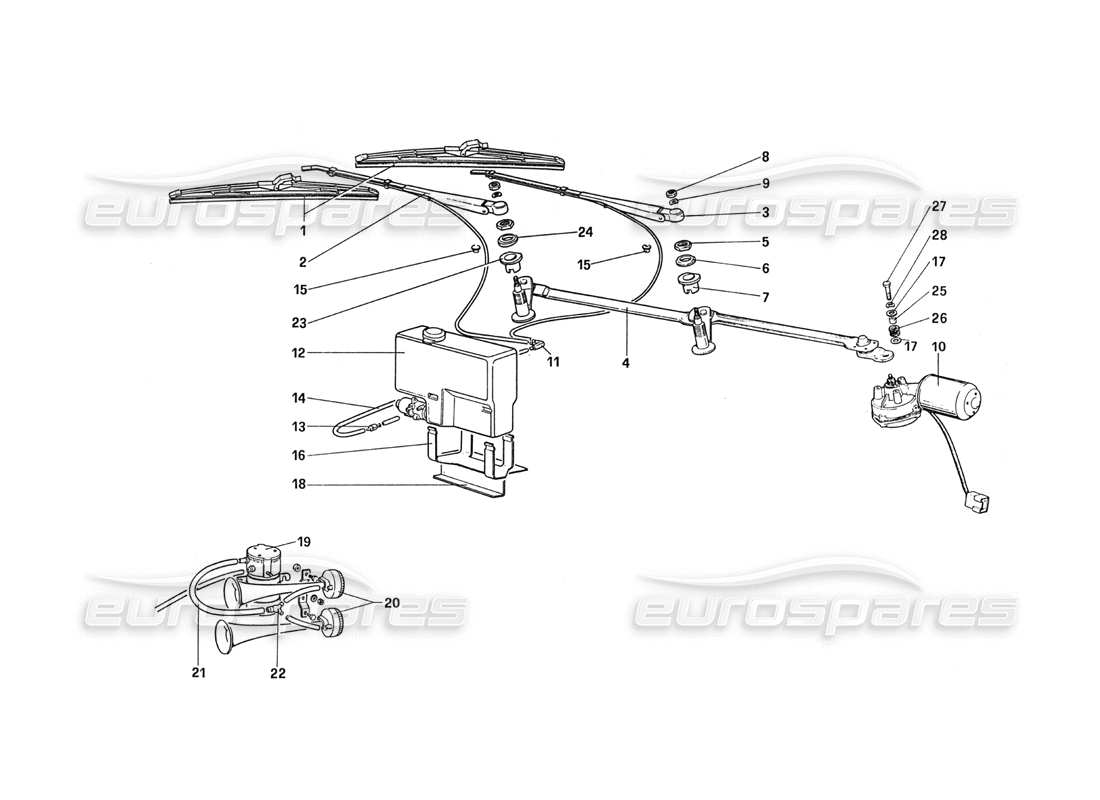 Ferrari 288 GTO Limpiaparabrisas - Arandela y bocina Diagrama de piezas