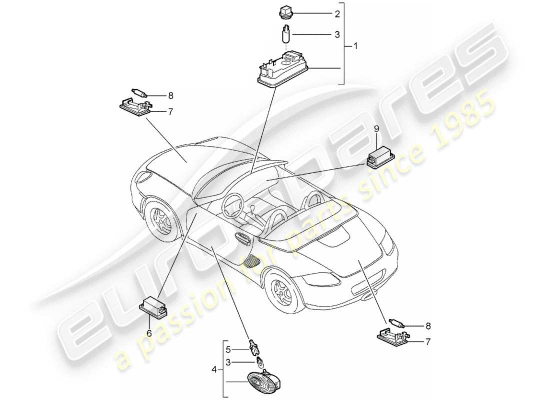 Porsche Boxster 987 (2008) luces interiores Diagrama de piezas