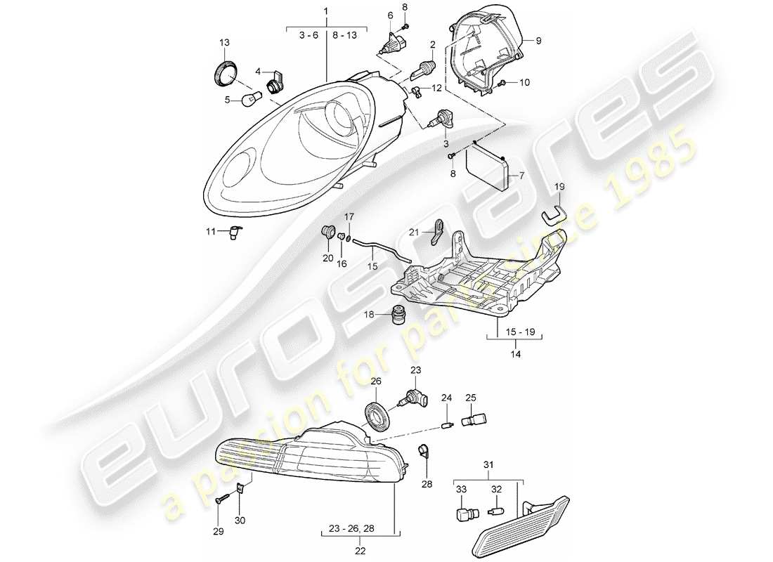 Porsche Boxster 987 (2008) lámpara de cabeza Diagrama de piezas