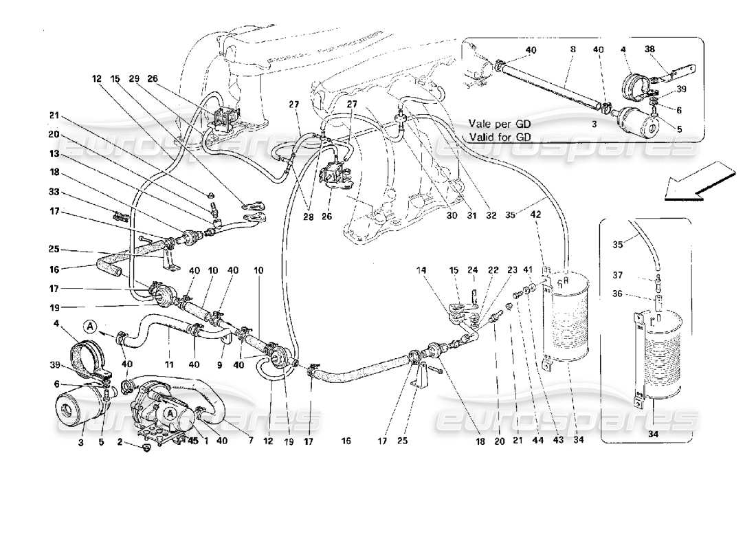 Ferrari 512 TR Bomba y líneas de aire secundario Diagrama de piezas