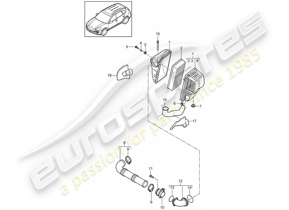 Porsche Cayenne E2 (2015) filtro de aire con conexión Diagrama de piezas