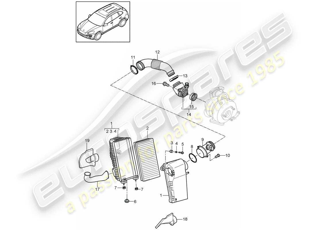 Porsche Cayenne E2 (2015) filtro de aire con conexión Diagrama de piezas