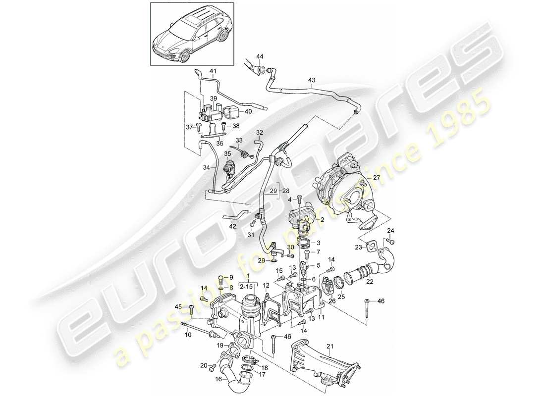 Porsche Cayenne E2 (2015) recirculación de escape Diagrama de piezas